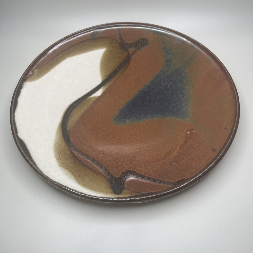 Studio Art Pottery Plate Signed‎ D V Vintage Swirl Earth Tones Rust Blue